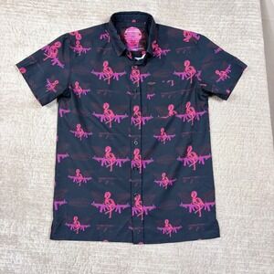 Retro Rifle Miami Flamingo Neon Rifle Print Stretch Button Down Shirt Mens M
